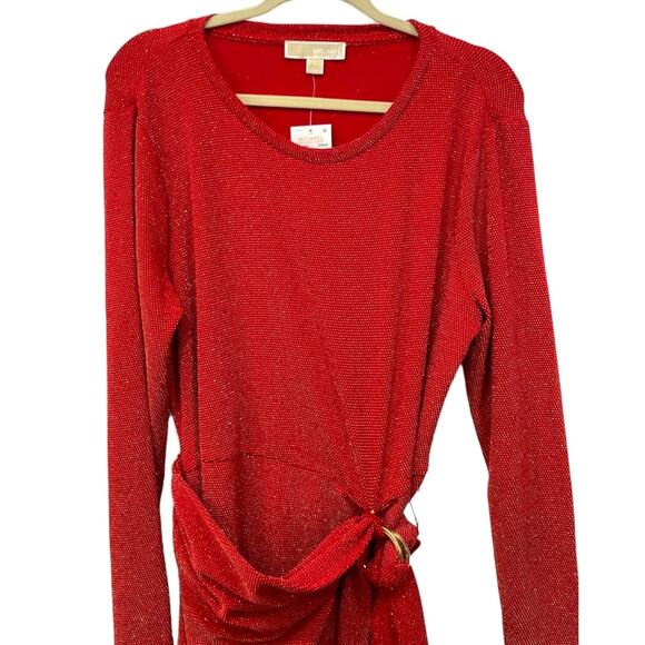 NWT Michael Kors Red Gold Glitter Dot LongSleeve Stretchy Dress Size Large - Picture 7 of 13